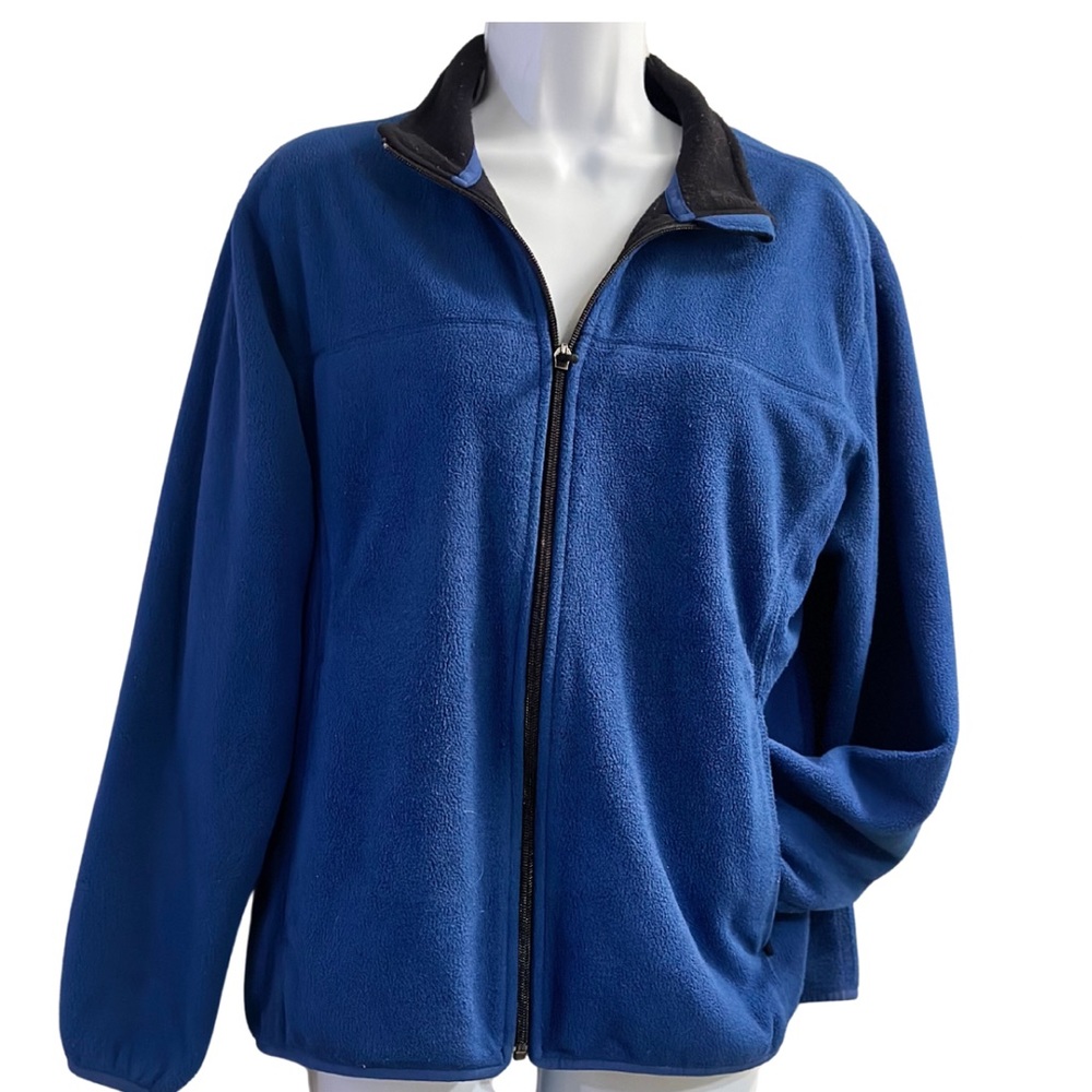 LANDS END FLEECE JACKET Full Zip Blue Black Standup Collar Womens SZ M Petite